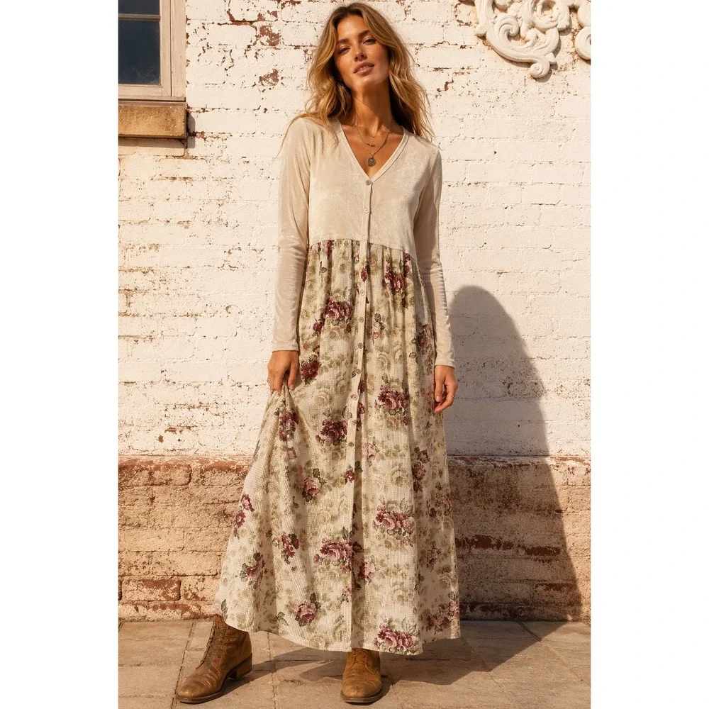 cotton flower dress Coco | 3/4 Sleeve Cotton Floral Tie Front Dress